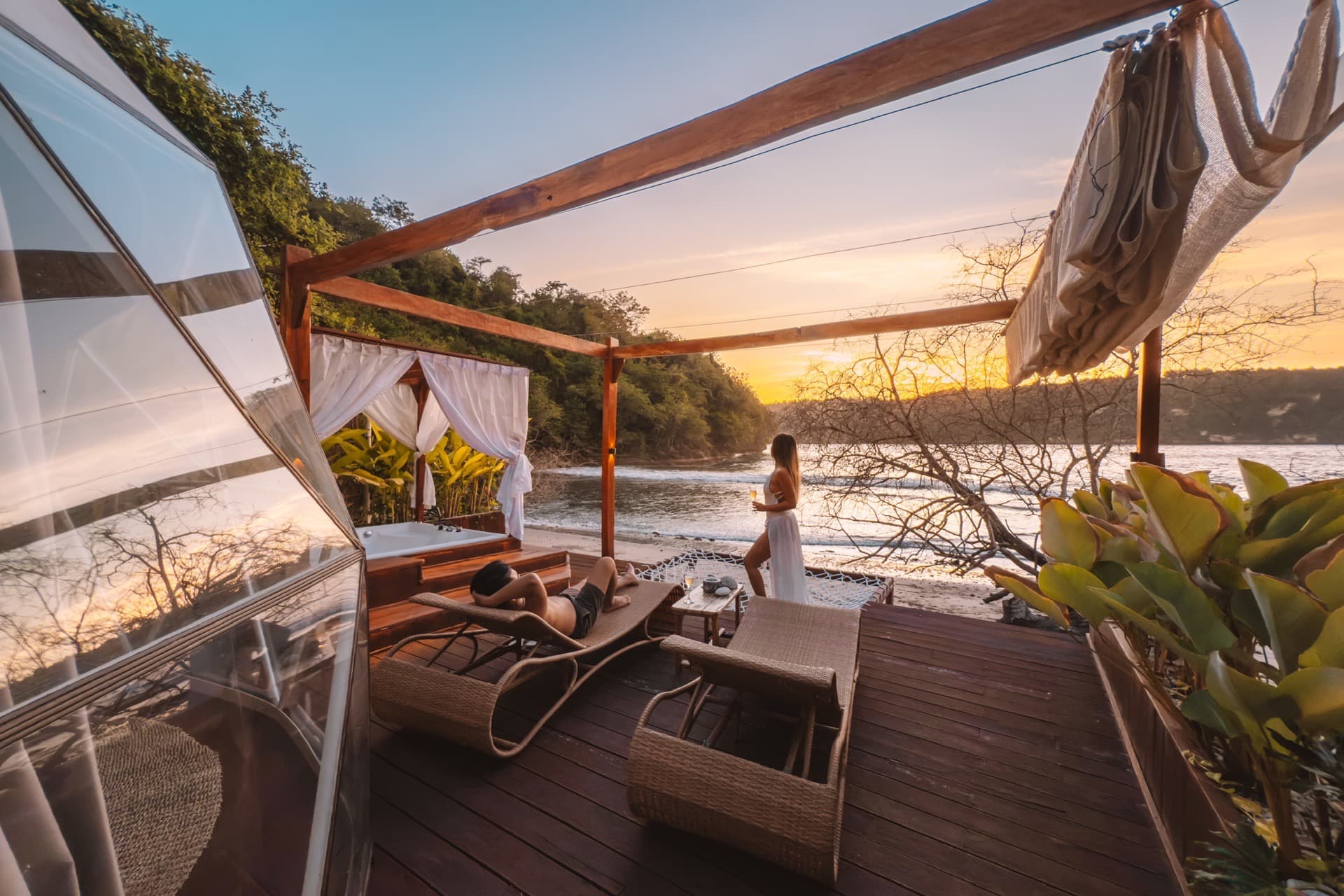 Sunset view of Gamat Bay Resort dome villas on the beachfront of Nusa Penida, Indonesia